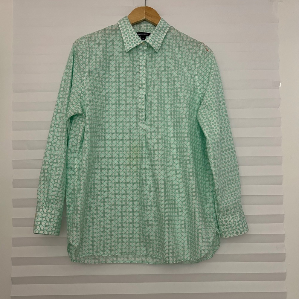 Lands End Womens 14 Tunic Shirt Aqua Green Geometric Cotton Long Sleeve Popover